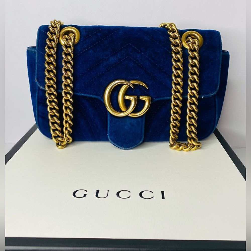 🛍️ GUCCI Authentic GG MARMONT VELVET in Cobalt Blue Shoulder Bag in Small
